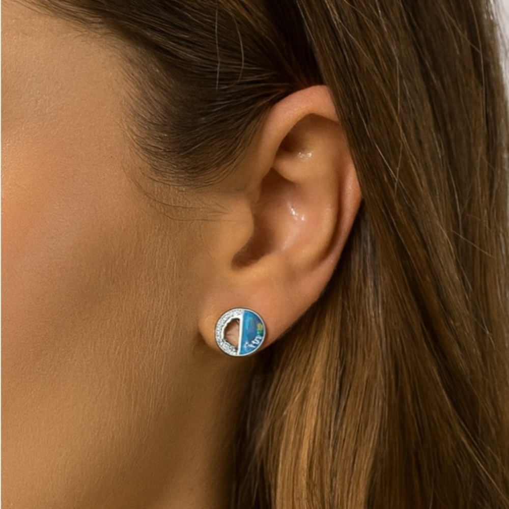 925 Sterling Silver Clear CZ Simulated Blue Opal Stud Earrings